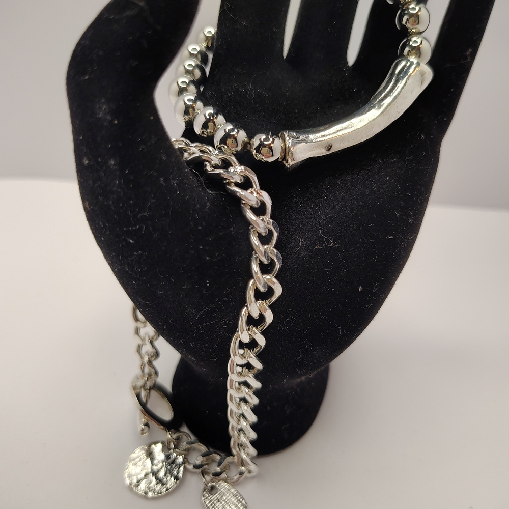 New Silver Tone Layered Chain and Bead Necklace - Women Fashion Jewelry